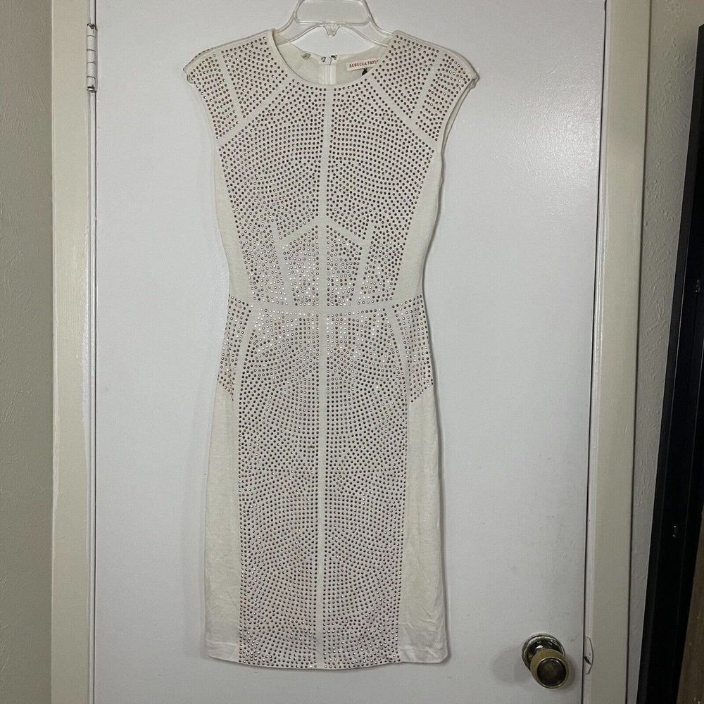 REBECCA TAYLOR Nailhead Rose gold Pink Studded Ivory Sheath Dress Sz Small $495